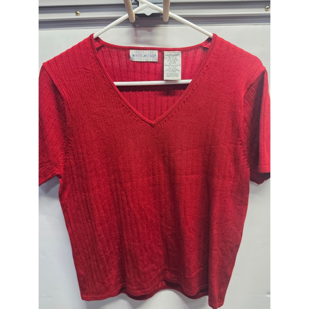 White Stag Womens Persimmon Red Ribbed V-Neck Short Sleeve Knit Sweater Top M